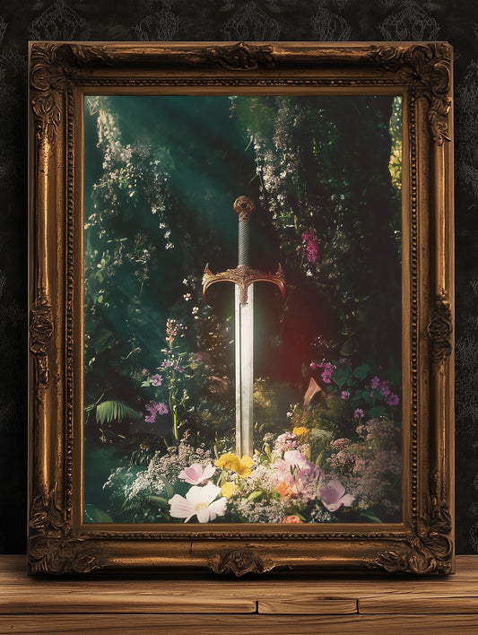 Enchanted Excalibur in the Forest, Claymore Weapon Fantasy Decor, Castle Core Medieval Knight Adventure, Whimisigoth Decor Poster Print