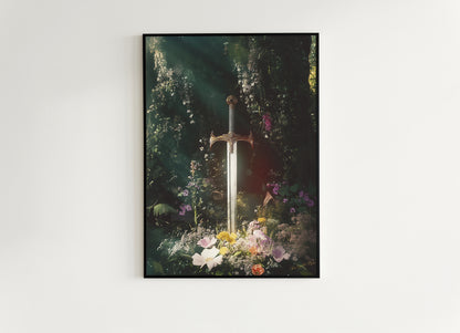 Enchanted Excalibur in the Forest, Claymore Weapon Fantasy Decor, Castle Core Medieval Knight Adventure, Whimisigoth Decor Poster Print