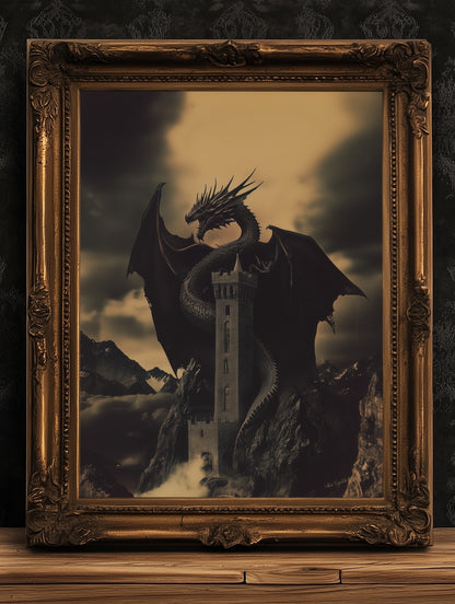 Dark Fantasy Dragon Wall Art, Gothic Castle Print, Medieval Mythology Artwork, Whimsigoth Fantasy Decor Dark Surreal Art, Castlecore Poster