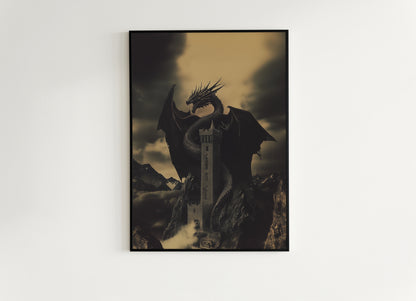 Dark Fantasy Dragon Wall Art, Gothic Castle Print, Medieval Mythology Artwork, Whimsigoth Fantasy Decor Dark Surreal Art, Castlecore Poster