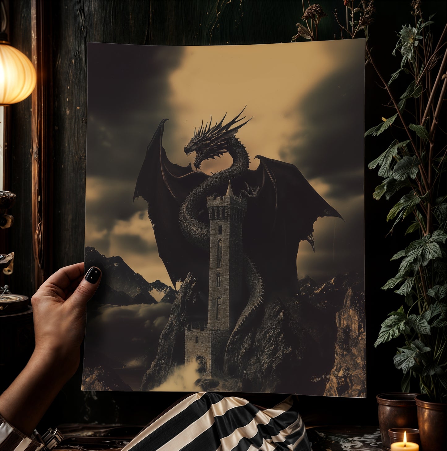 Dark Fantasy Dragon Wall Art, Gothic Castle Print, Medieval Mythology Artwork, Whimsigoth Fantasy Decor Dark Surreal Art, Castlecore Poster