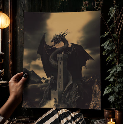 Dark Fantasy Dragon Wall Art, Gothic Castle Print, Medieval Mythology Artwork, Whimsigoth Fantasy Decor Dark Surreal Art, Castlecore Poster
