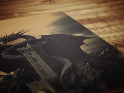 Dark Fantasy Dragon Wall Art, Gothic Castle Print, Medieval Mythology Artwork, Whimsigoth Fantasy Decor Dark Surreal Art, Castlecore Poster