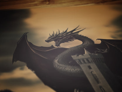 Dark Fantasy Dragon Wall Art, Gothic Castle Print, Medieval Mythology Artwork, Whimsigoth Fantasy Decor Dark Surreal Art, Castlecore Poster