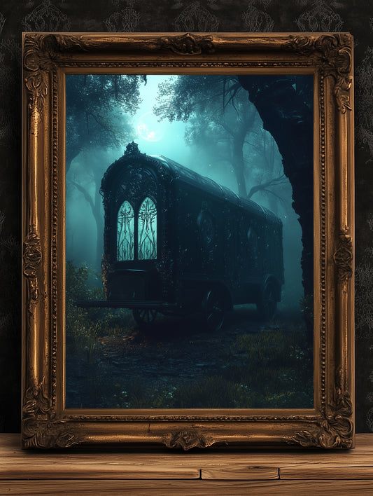 Haunted Caravan Wall Art, Dark Fantasy Print, Gothic Forest Artwork, Whimsigoth Aesthetic Decor, Spooky Vintage Wagon Poster, Dark Academia