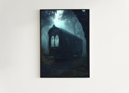 Haunted Caravan Wall Art, Dark Fantasy Print, Gothic Forest Artwork, Whimsigoth Aesthetic Decor, Spooky Vintage Wagon Poster, Dark Academia