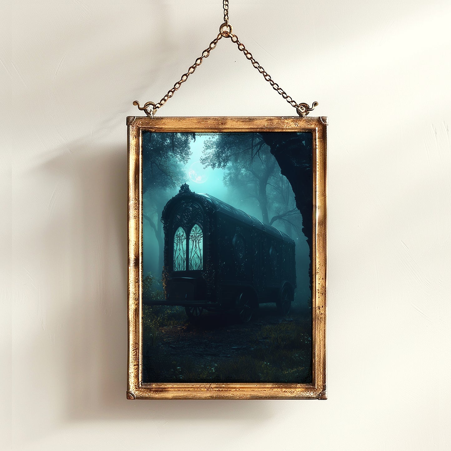 Haunted Caravan Wall Art, Dark Fantasy Print, Gothic Forest Artwork, Whimsigoth Aesthetic Decor, Spooky Vintage Wagon Poster, Dark Academia