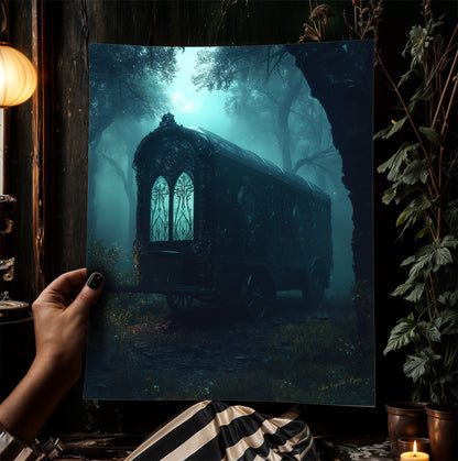 Haunted Caravan Wall Art, Dark Fantasy Print, Gothic Forest Artwork, Whimsigoth Aesthetic Decor, Spooky Vintage Wagon Poster, Dark Academia