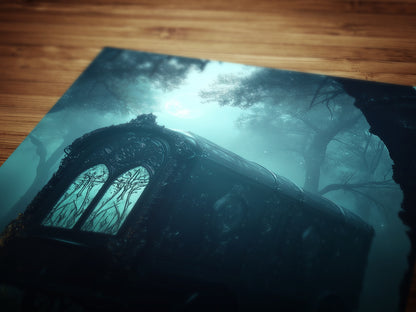 Haunted Caravan Wall Art, Dark Fantasy Print, Gothic Forest Artwork, Whimsigoth Aesthetic Decor, Spooky Vintage Wagon Poster, Dark Academia