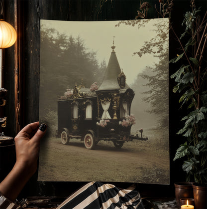 Victorian Gypsy Caravan Art, Vintage Witchy Vanlifers Decor, Whimsigoth Decor Print, Dark Academia Decor, Gothic Fairytale Poster