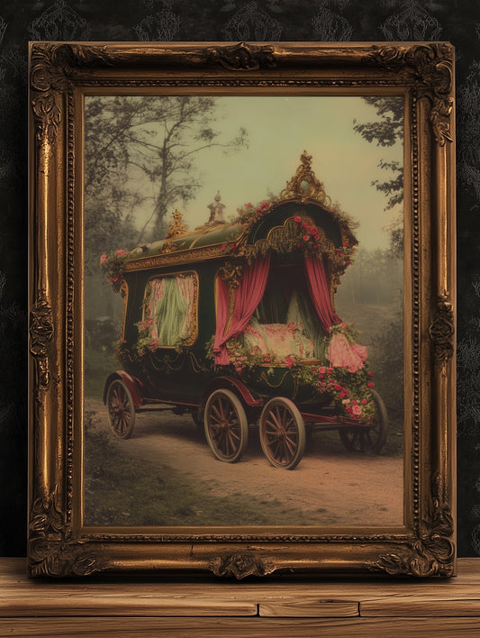 Victorian Pink Gypsy Caravan Art, Vintage Witchy Vanlifers Decor, Whimsigoth Decor Print, Dark Academia Decor, Gothic Fairytale Poster