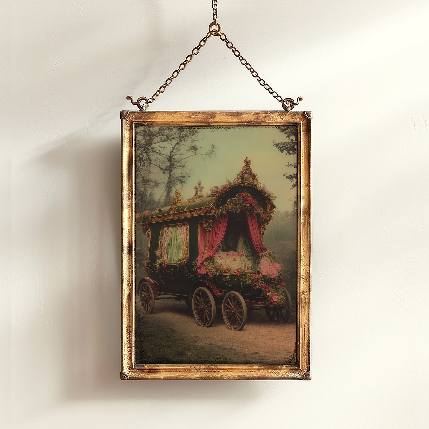 Victorian Pink Gypsy Caravan Art, Vintage Witchy Vanlifers Decor, Whimsigoth Decor Print, Dark Academia Decor, Gothic Fairytale Poster