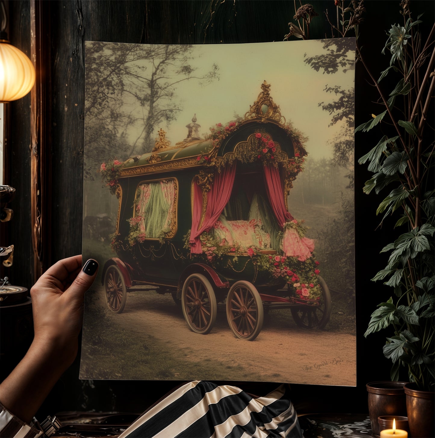 Victorian Pink Gypsy Caravan Art, Vintage Witchy Vanlifers Decor, Whimsigoth Decor Print, Dark Academia Decor, Gothic Fairytale Poster