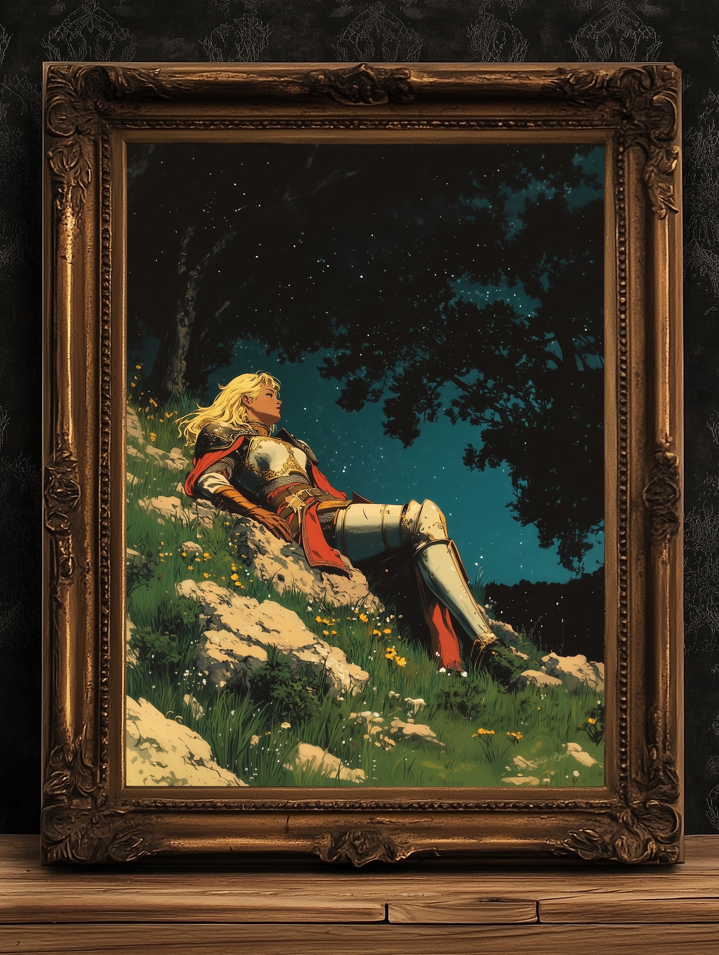 Celestial Lady Knight Art Print – Retro Medieval Goth Fantasy Wall Decor, Dark Gothic Warrior Poster, Cosmic Dreamscape Illustration