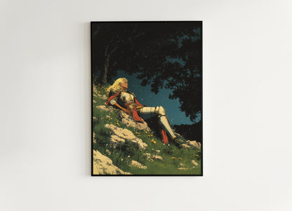 Celestial Lady Knight Art Print – Retro Medieval Goth Fantasy Wall Decor, Dark Gothic Warrior Poster, Cosmic Dreamscape Illustration