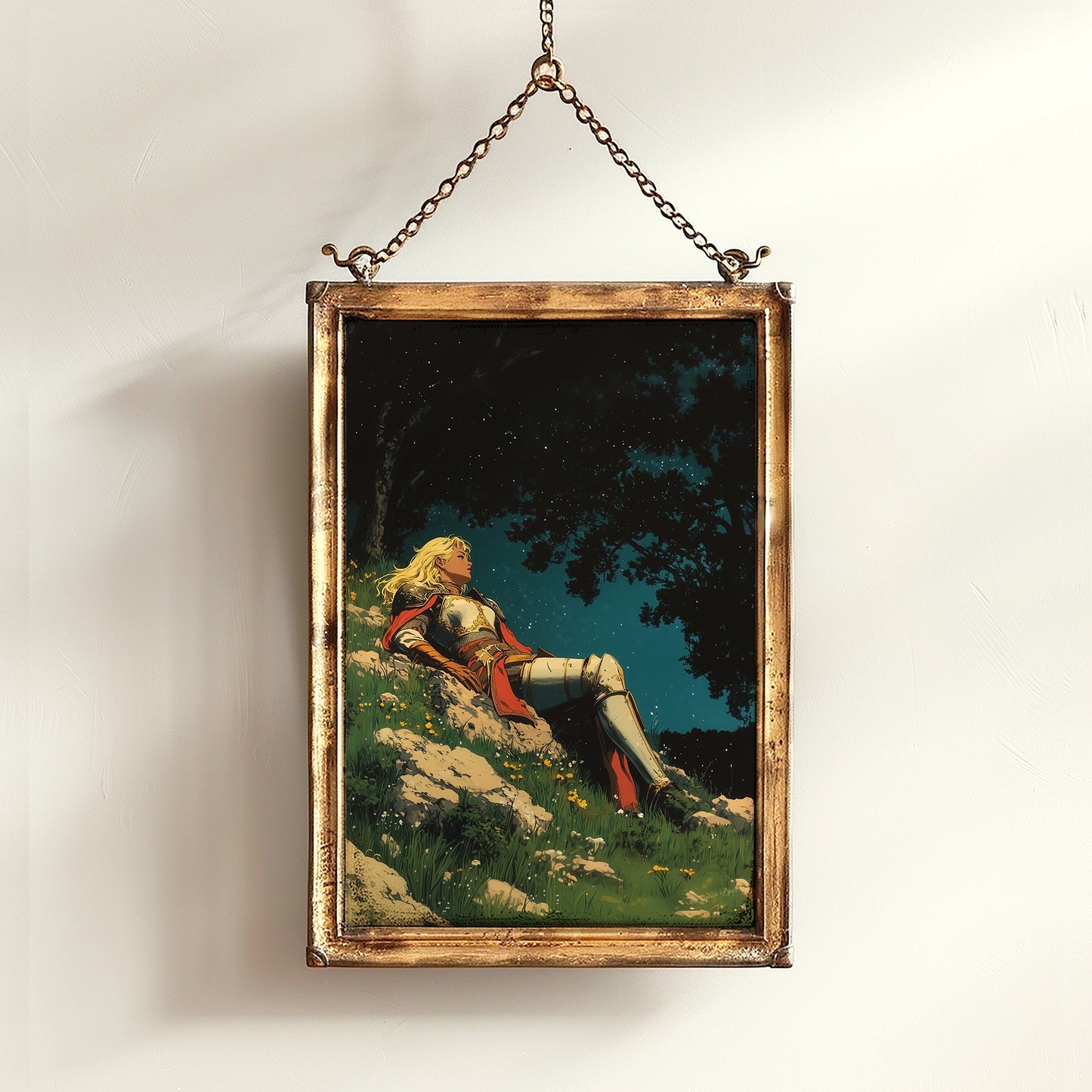 Celestial Lady Knight Art Print – Retro Medieval Goth Fantasy Wall Decor, Dark Gothic Warrior Poster, Cosmic Dreamscape Illustration