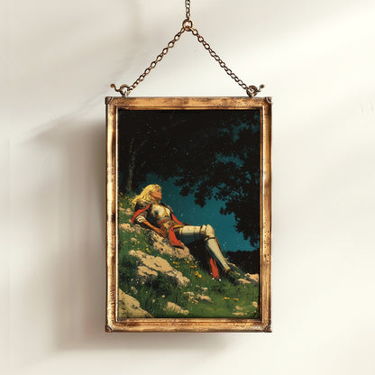 Celestial Lady Knight Art Print – Retro Medieval Goth Fantasy Wall Decor, Dark Gothic Warrior Poster, Cosmic Dreamscape Illustration