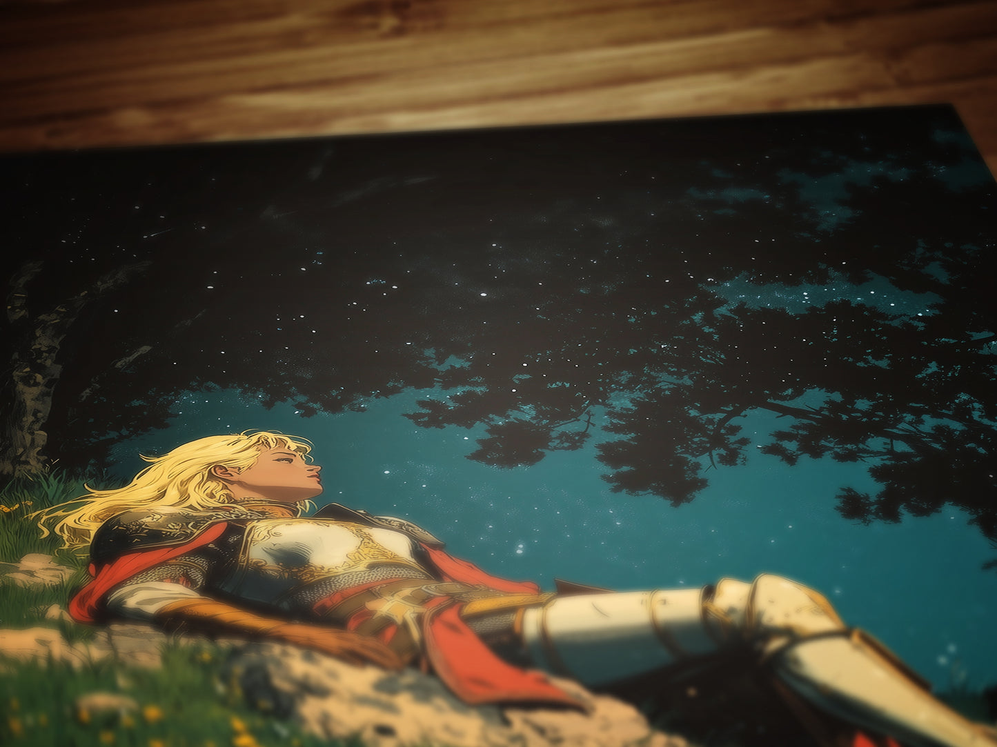 Celestial Lady Knight Art Print – Retro Medieval Goth Fantasy Wall Decor, Dark Gothic Warrior Poster, Cosmic Dreamscape Illustration