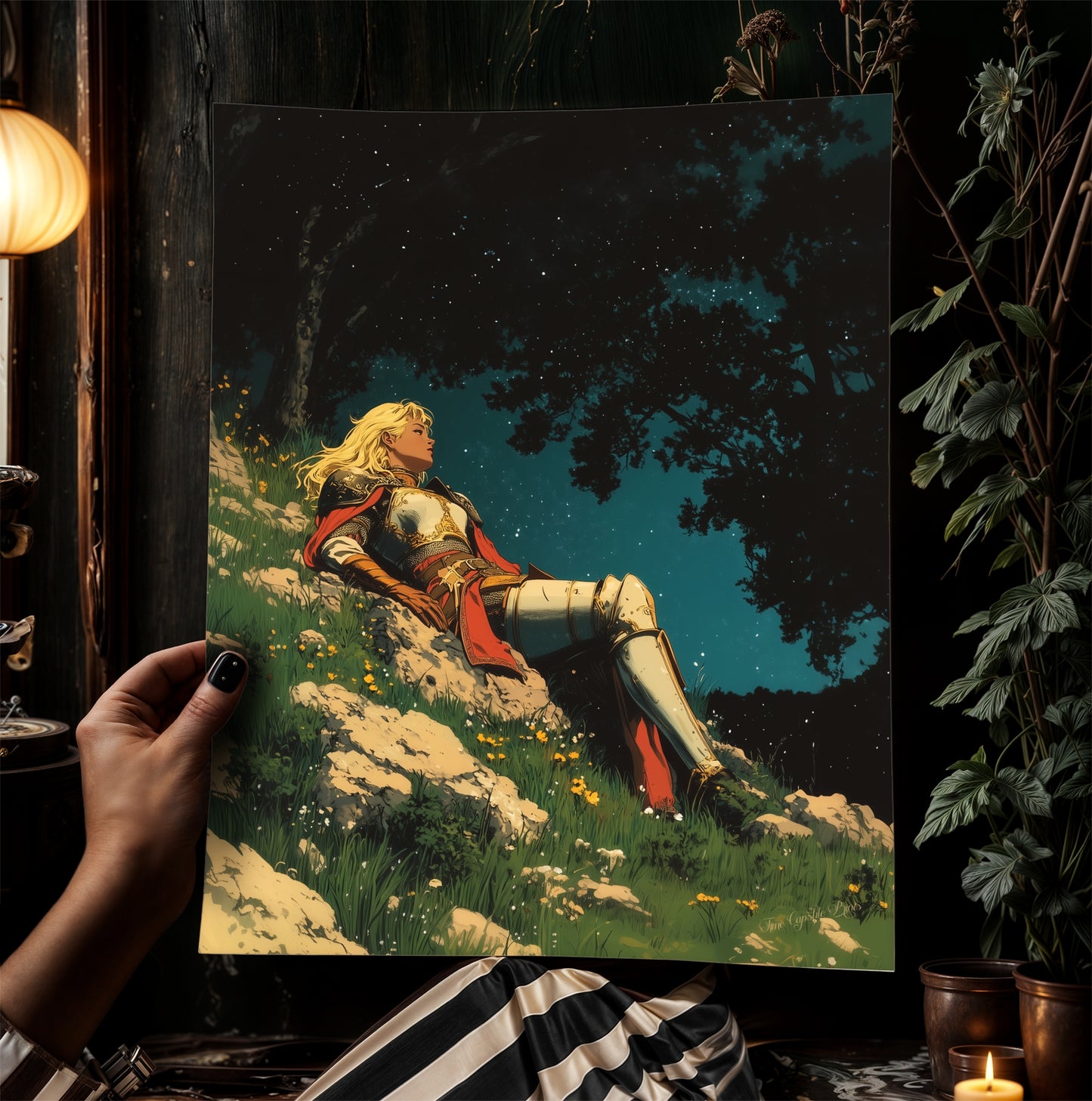 Celestial Lady Knight Art Print – Retro Medieval Goth Fantasy Wall Decor, Dark Gothic Warrior Poster, Cosmic Dreamscape Illustration