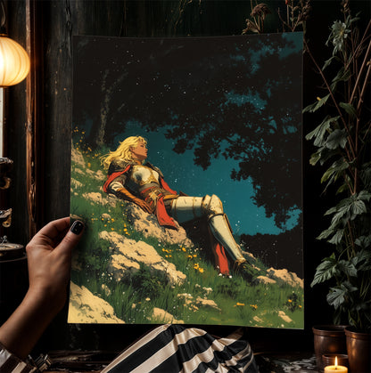 Celestial Lady Knight Art Print – Retro Medieval Goth Fantasy Wall Decor, Dark Gothic Warrior Poster, Cosmic Dreamscape Illustration