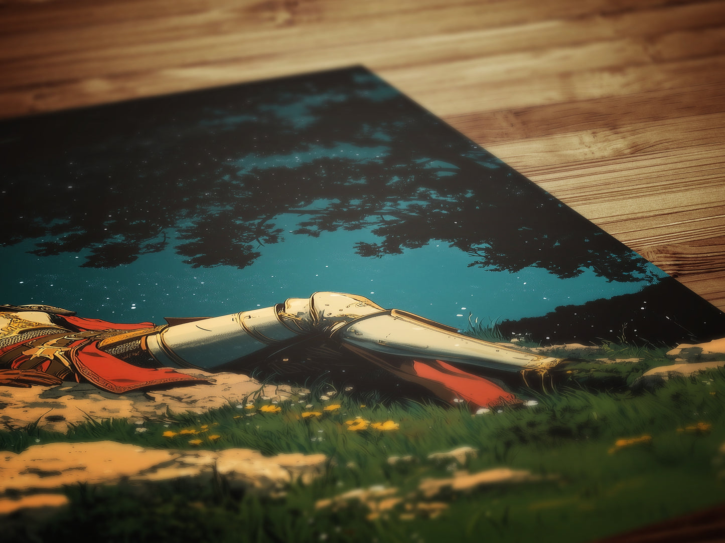 Celestial Lady Knight Art Print – Retro Medieval Goth Fantasy Wall Decor, Dark Gothic Warrior Poster, Cosmic Dreamscape Illustration