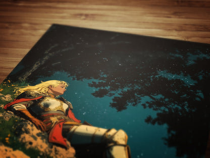 Celestial Lady Knight Art Print – Retro Medieval Goth Fantasy Wall Decor, Dark Gothic Warrior Poster, Cosmic Dreamscape Illustration