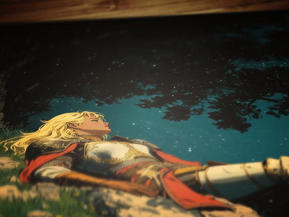 Celestial Lady Knight Art Print – Retro Medieval Goth Fantasy Wall Decor, Dark Gothic Warrior Poster, Cosmic Dreamscape Illustration