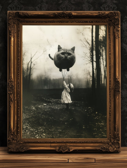 Girl Holding Giant Cat Balloon Print, Quirky Funny Cat Poster  Forest Wall Art, Retro Moody Home Decor Gift, Cat Lover Gift