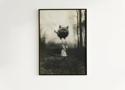 Girl Holding Giant Cat Balloon Print, Quirky Funny Cat Poster  Forest Wall Art, Retro Moody Home Decor Gift, Cat Lover Gift