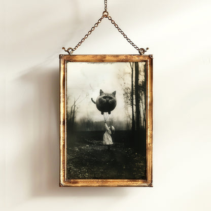 Girl Holding Giant Cat Balloon Print, Quirky Funny Cat Poster  Forest Wall Art, Retro Moody Home Decor Gift, Cat Lover Gift