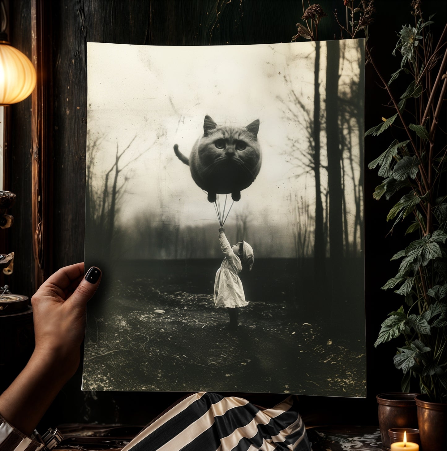 Girl Holding Giant Cat Balloon Print, Quirky Funny Cat Poster  Forest Wall Art, Retro Moody Home Decor Gift, Cat Lover Gift