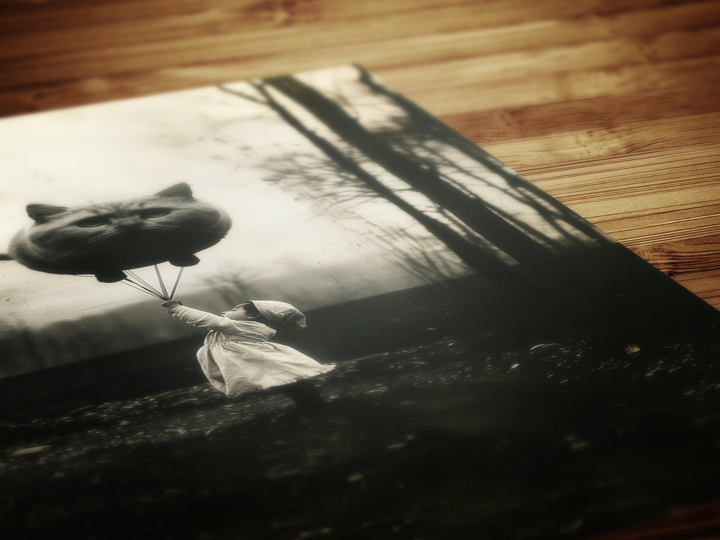 Girl Holding Giant Cat Balloon Print, Quirky Funny Cat Poster  Forest Wall Art, Retro Moody Home Decor Gift, Cat Lover Gift