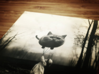 Girl Holding Giant Cat Balloon Print, Quirky Funny Cat Poster  Forest Wall Art, Retro Moody Home Decor Gift, Cat Lover Gift