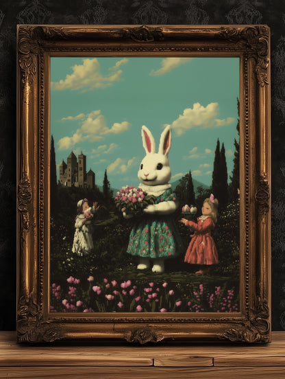 Vintage Bunny Rabbit Art Print, Surreal Easter Decor, Whimsical Castlecore Wall Art, Anthropomorphic Rabbit Poster, Fairytale Aesthetic