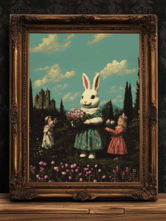 Vintage Bunny Rabbit Art Print, Surreal Easter Decor, Whimsical Castlecore Wall Art, Anthropomorphic Rabbit Poster, Fairytale Aesthetic
