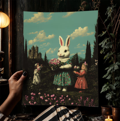 Vintage Bunny Rabbit Art Print, Surreal Easter Decor, Whimsical Castlecore Wall Art, Anthropomorphic Rabbit Poster, Fairytale Aesthetic