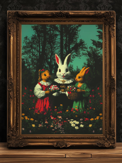 Whimsical Rabbit Wall Art, Surreal Animal Rustic Easter Print, Vintage Bunny Poster, Fairytale Woodland Decor, Anthropomorphic Illustration