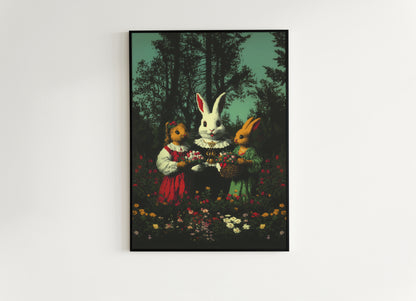 Whimsical Rabbit Wall Art, Surreal Animal Rustic Easter Print, Vintage Bunny Poster, Fairytale Woodland Decor, Anthropomorphic Illustration