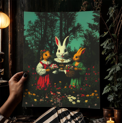 Whimsical Rabbit Wall Art, Surreal Animal Rustic Easter Print, Vintage Bunny Poster, Fairytale Woodland Decor, Anthropomorphic Illustration