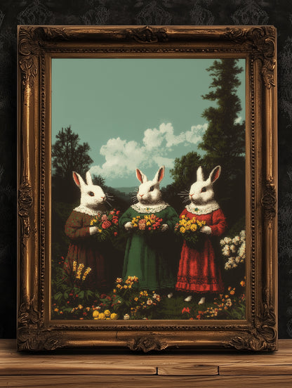 Anthropomorphic Bunny Art Print, Whimsical Rabbit Poster, Fairytale Animal Decor, Cottagecore Wall Art, Vintage Easter Decor Illustration