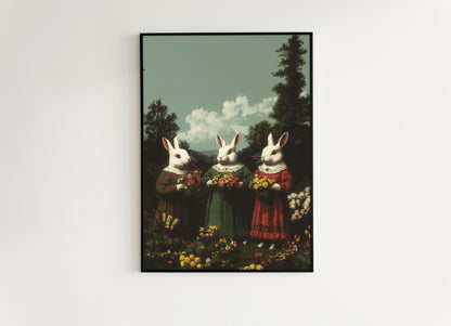 Anthropomorphic Bunny Art Print, Whimsical Rabbit Poster, Fairytale Animal Decor, Cottagecore Wall Art, Vintage Easter Decor Illustration