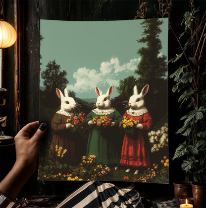 Anthropomorphic Bunny Art Print, Whimsical Rabbit Poster, Fairytale Animal Decor, Cottagecore Wall Art, Vintage Easter Decor Illustration
