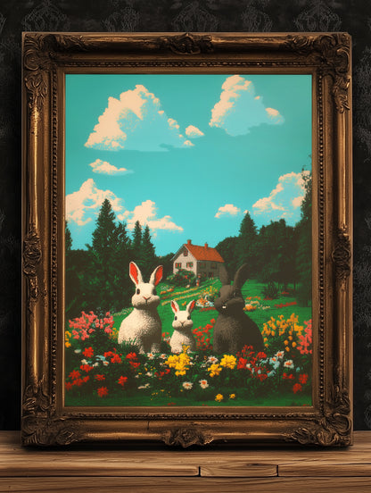 Whimsical Bunny Family Art Print, Spring Easter Printable Rabbit Cottage Poster, Whimsigoth Colorful Floral Field Decor, Pet Rabbit Wall Art