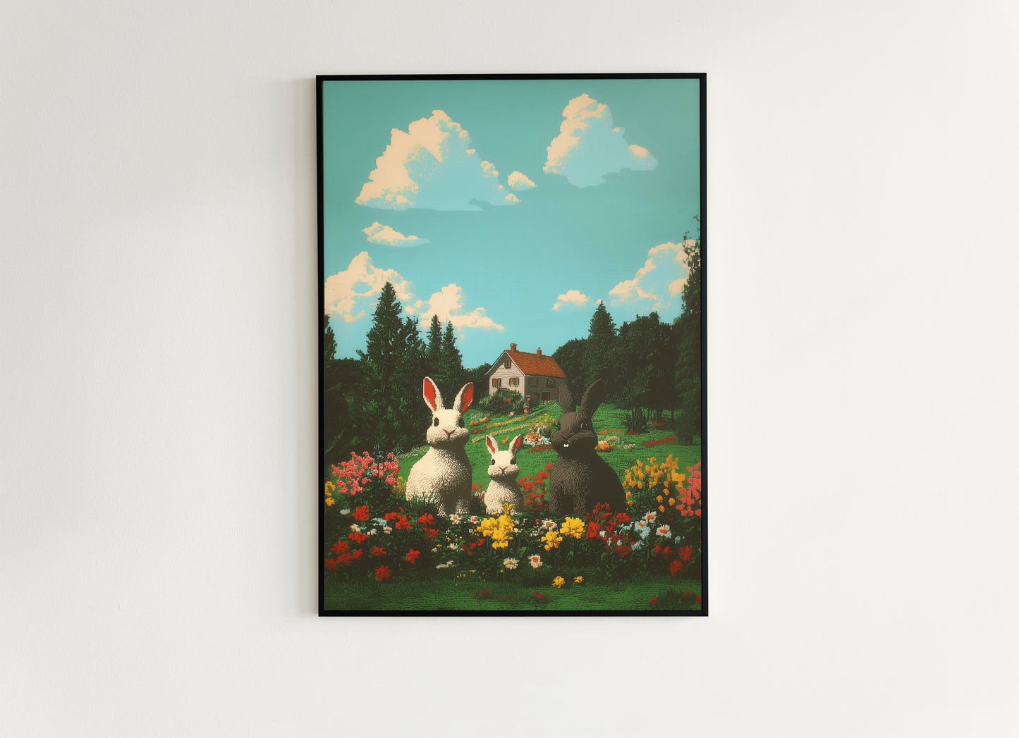 Whimsical Bunny Family Art Print, Spring Easter Printable Rabbit Cottage Poster, Whimsigoth Colorful Floral Field Decor, Pet Rabbit Wall Art