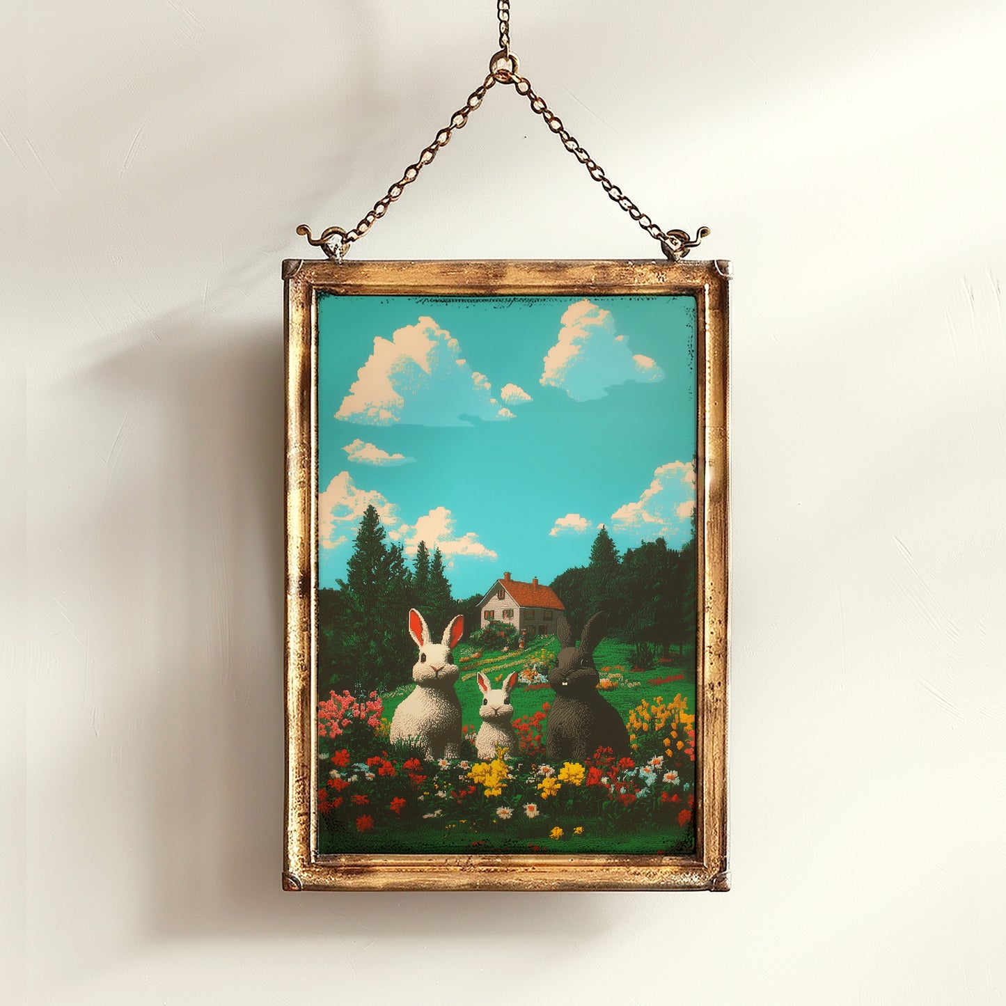 Whimsical Bunny Family Art Print, Spring Easter Printable Rabbit Cottage Poster, Whimsigoth Colorful Floral Field Decor, Pet Rabbit Wall Art