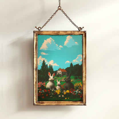 Whimsical Bunny Family Art Print, Spring Easter Printable Rabbit Cottage Poster, Whimsigoth Colorful Floral Field Decor, Pet Rabbit Wall Art