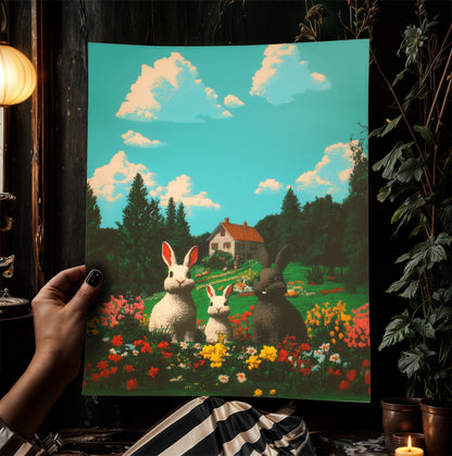 Whimsical Bunny Family Art Print, Spring Easter Printable Rabbit Cottage Poster, Whimsigoth Colorful Floral Field Decor, Pet Rabbit Wall Art