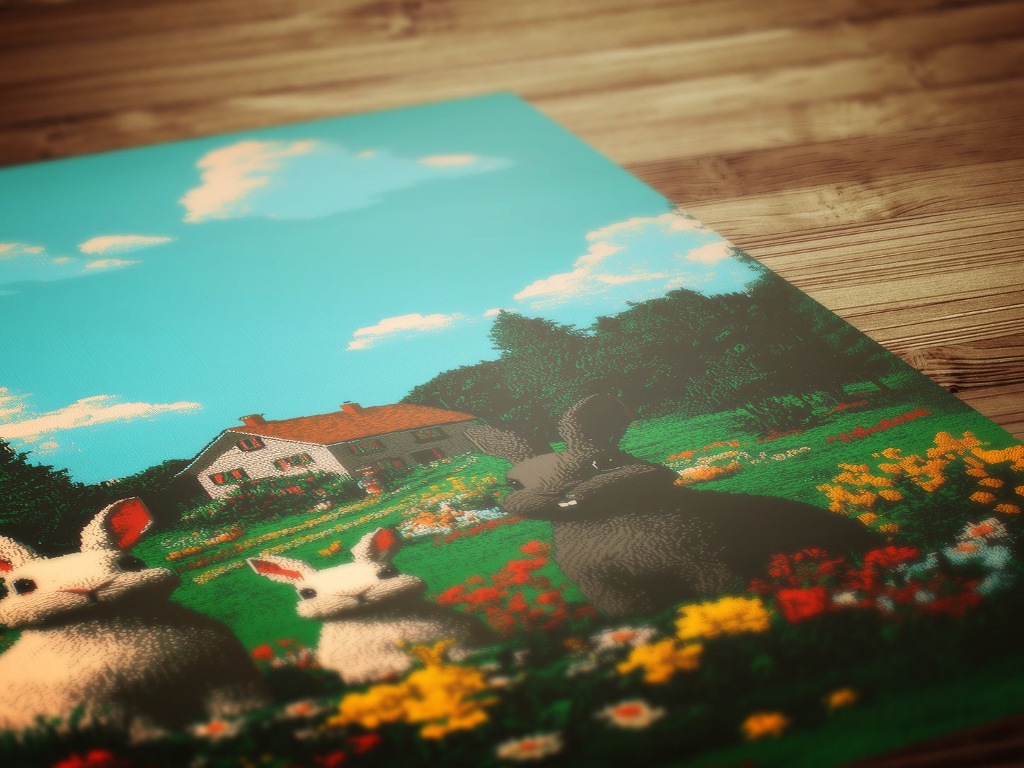 Whimsical Bunny Family Art Print, Spring Easter Printable Rabbit Cottage Poster, Whimsigoth Colorful Floral Field Decor, Pet Rabbit Wall Art