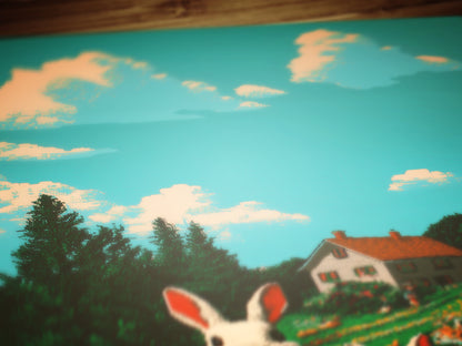 Whimsical Bunny Family Art Print, Spring Easter Printable Rabbit Cottage Poster, Whimsigoth Colorful Floral Field Decor, Pet Rabbit Wall Art