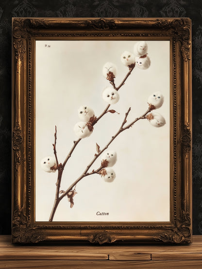 Whimsical Fluffy Cotton Cat Plant Antique Art Print Poster, Cat Lover Gift, Kitten Faces in Cotton Balls, Surreal Cottagecore Wall Decor